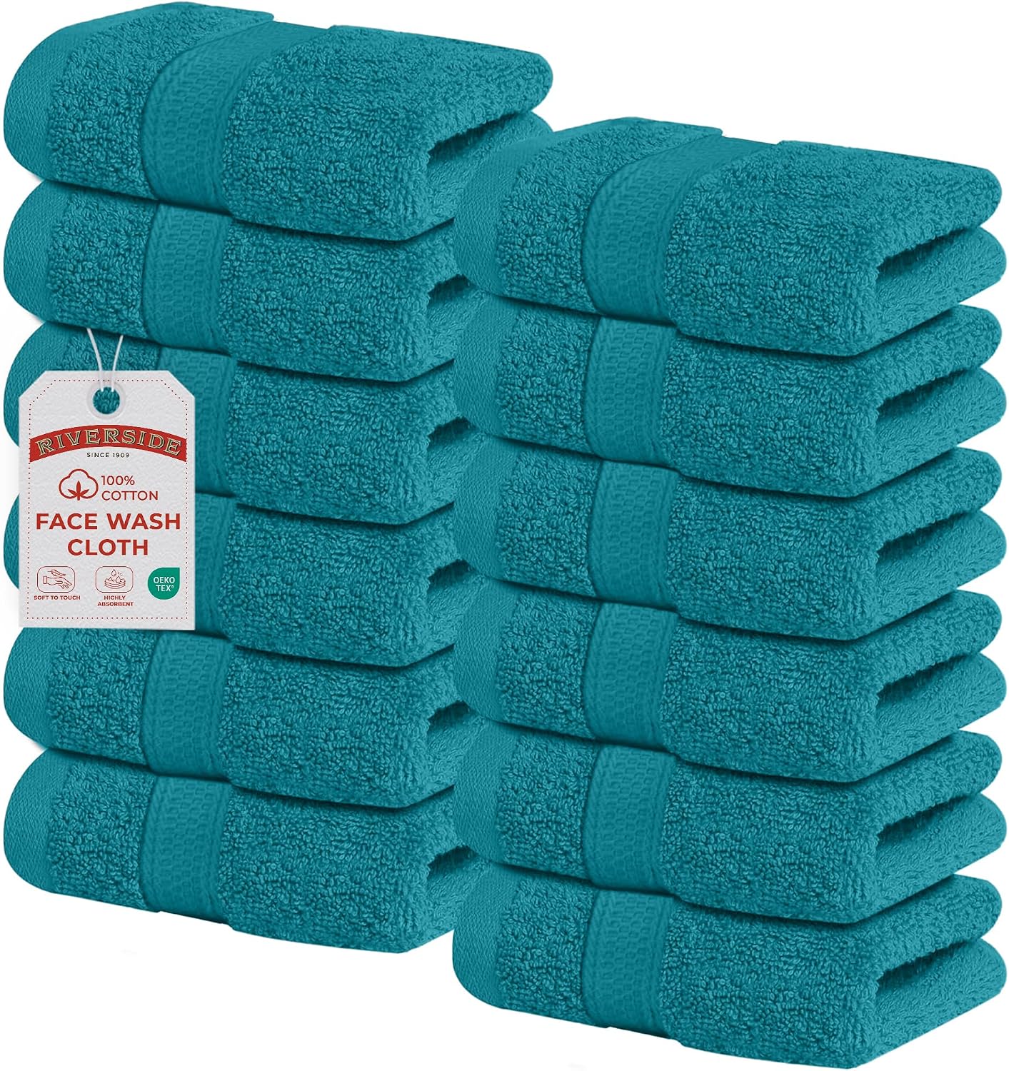 Riverside 12-Pack 100% Cotton Hunter Green Face Towels - Super Soft, Absorbent Washcloths for Bathroom, Spa & Gym | 12x12 Inches