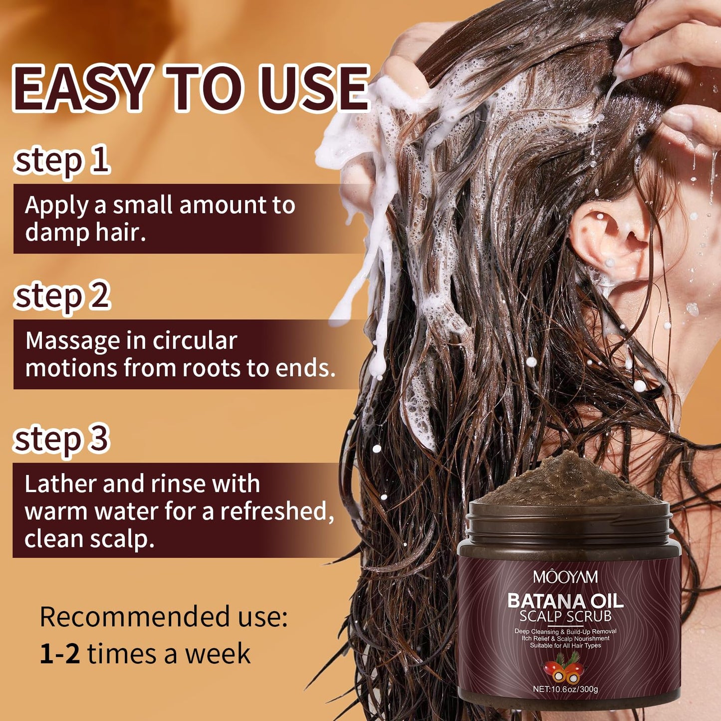 Scalp Scrub with Batana Oil, 2-in-1 Shampoo Scalp Exfoliator for Hair Treatment, Includes Silicone Scalp Massager, Removes Buildup & Dandruff, 10.6oz