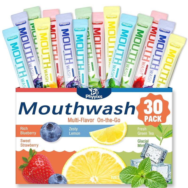 Phyyixs Mouthwash Travel Size – 30 Individually Wrapped Portable Packets, Alcohol-Free & Fluoride-Free, On-The-Go Oral Hygiene for Fresh Breath Anytime(5 Flavors)