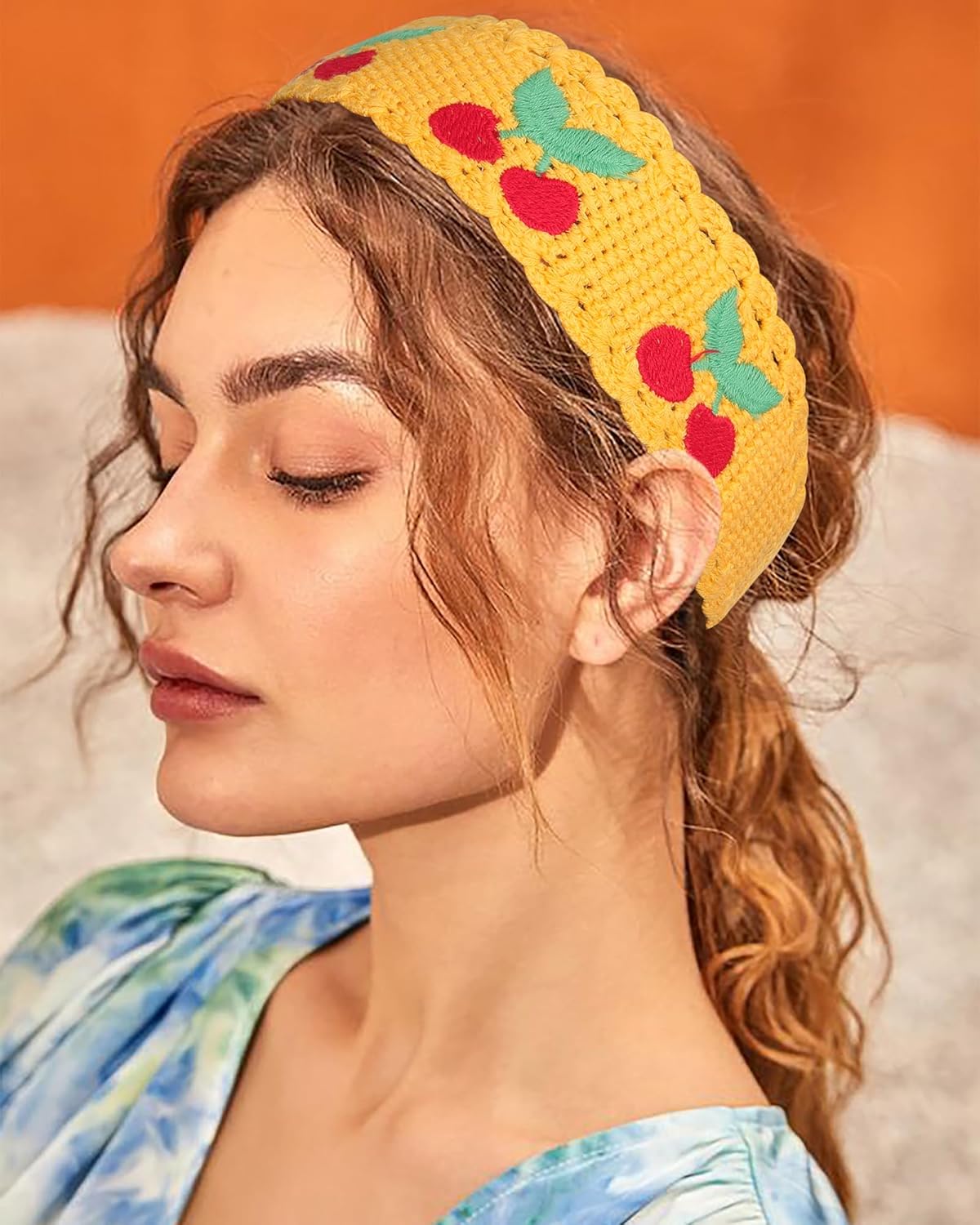 Hippie Hair Bandanas for Women - Boho Knit Headbands | Floral Head Wraps in Beige, Blue & Yellow