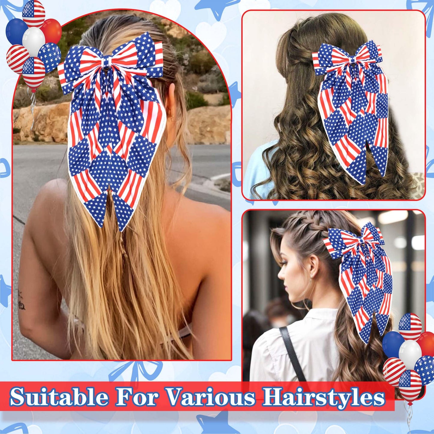 STGDAK 4th of July Hair Bow Clips for Women Red White Blue Bow Hair Accessories USA Flag Big Bows Patriotic Fourth of July Bowknot Accessories for Girls Women Independence Day Memorial Party Decor