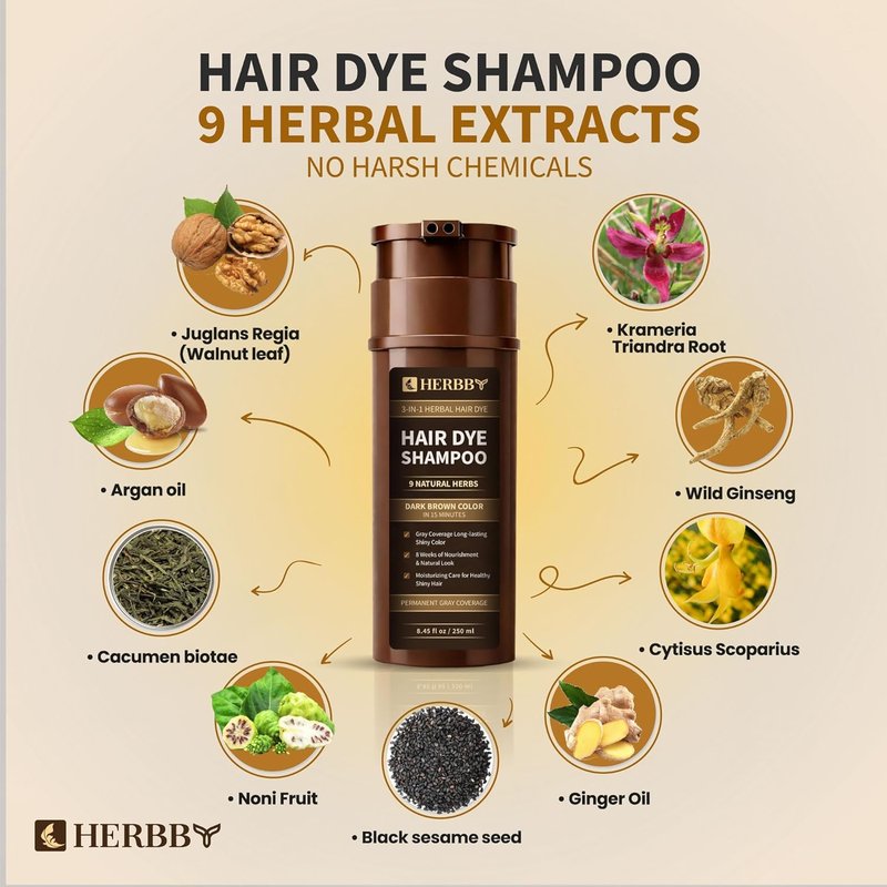 Hair Color Shampoo for Gray Coverage | 9 Herbal Extracts, Long-Lasting Dark Brown, 250ml
