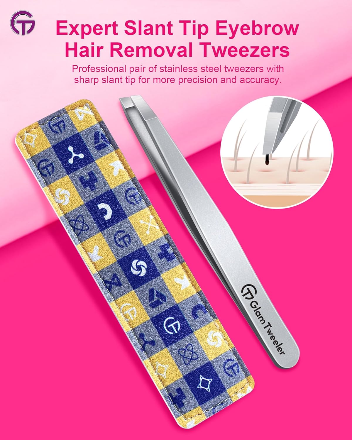 Expert Slant Tip Tweezers - Precision Stainless Steel for Eyebrow & Facial Hair Removal | Includes Leather Case (Silver)
