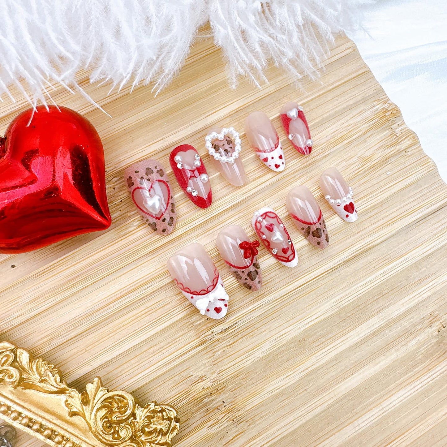 Leopard Print Press-On Nails - 30 Pcs Medium Almond Acrylic with Heart Pearl Bow & Rhinestones | Romantic Valentine’s French Tip Design