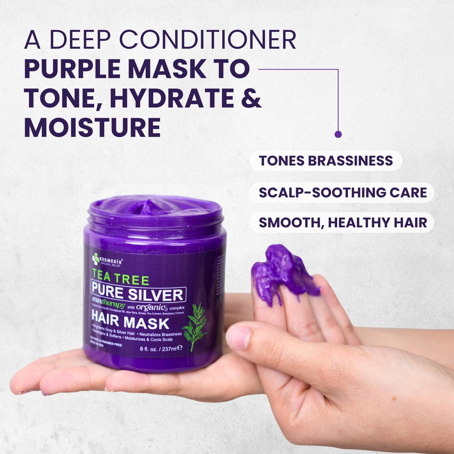 KESMEDIK Tea Tree Purple Hair Mask, Pure Silver Formula for Brassy Yellow Tones, Deep Conditioning with Tea Tree & Argan Oil for Dry Damaged Bleached, Blonde & Gray Hair, Flaky Itchy Scalp Care