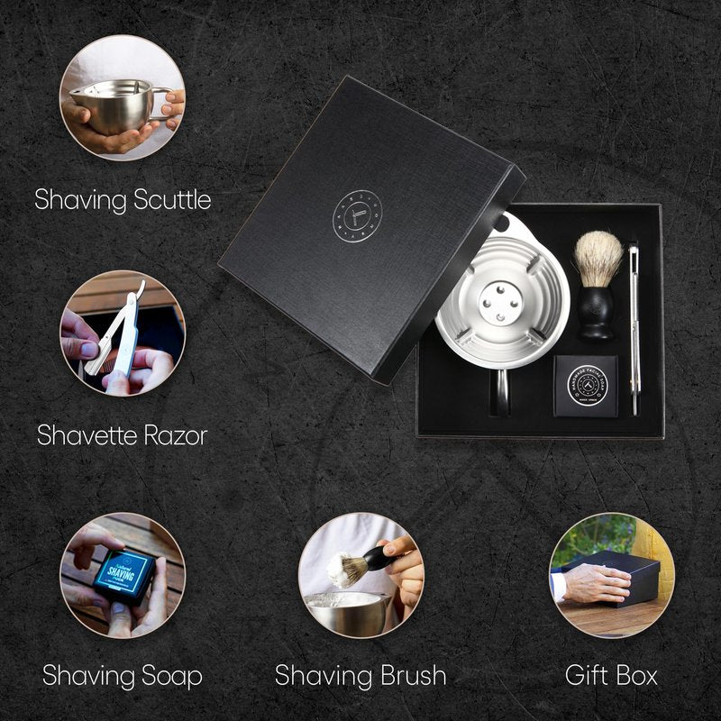 Naked Armor Silver Fox Shaving Scuttle Mug Kit With Shavette - Double Walled Stainless Steel Shaving Bowl with Shavette Straight Razor, Shaving Brush, and Organic Shave Soap - Hot Lather Wet Shave Set