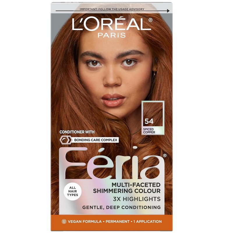 L'Oreal Paris Feria Hair Color - Multi-Faceted Shimmering Dye for 3X Highlights | 54 Spiced Copper, 1 Kit