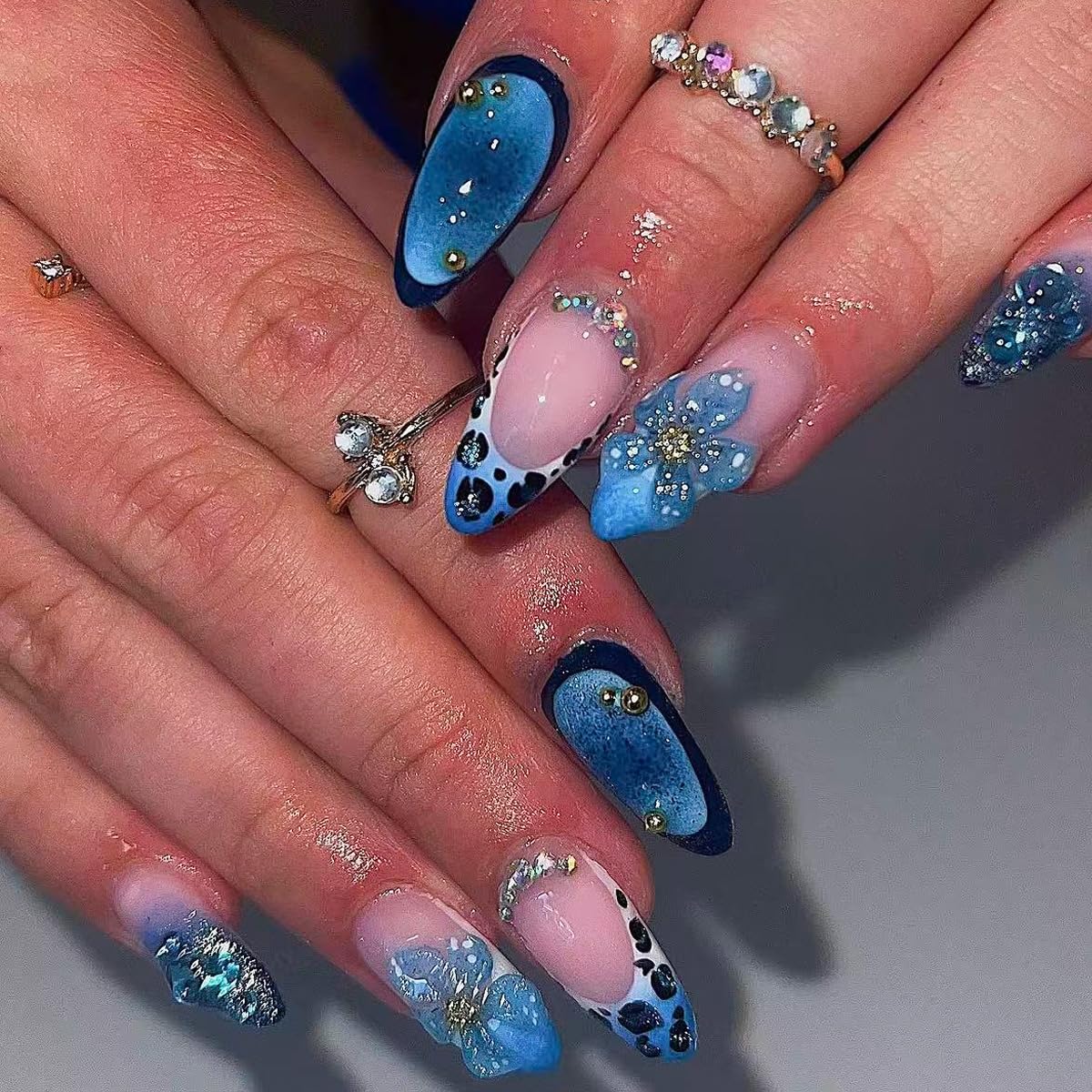 Leopard Print French Tip Press-On Nails - Medium Almond Shape with 3D Blue Flowers & Bling Rhinestones | Full Cover Acrylic Manicure
