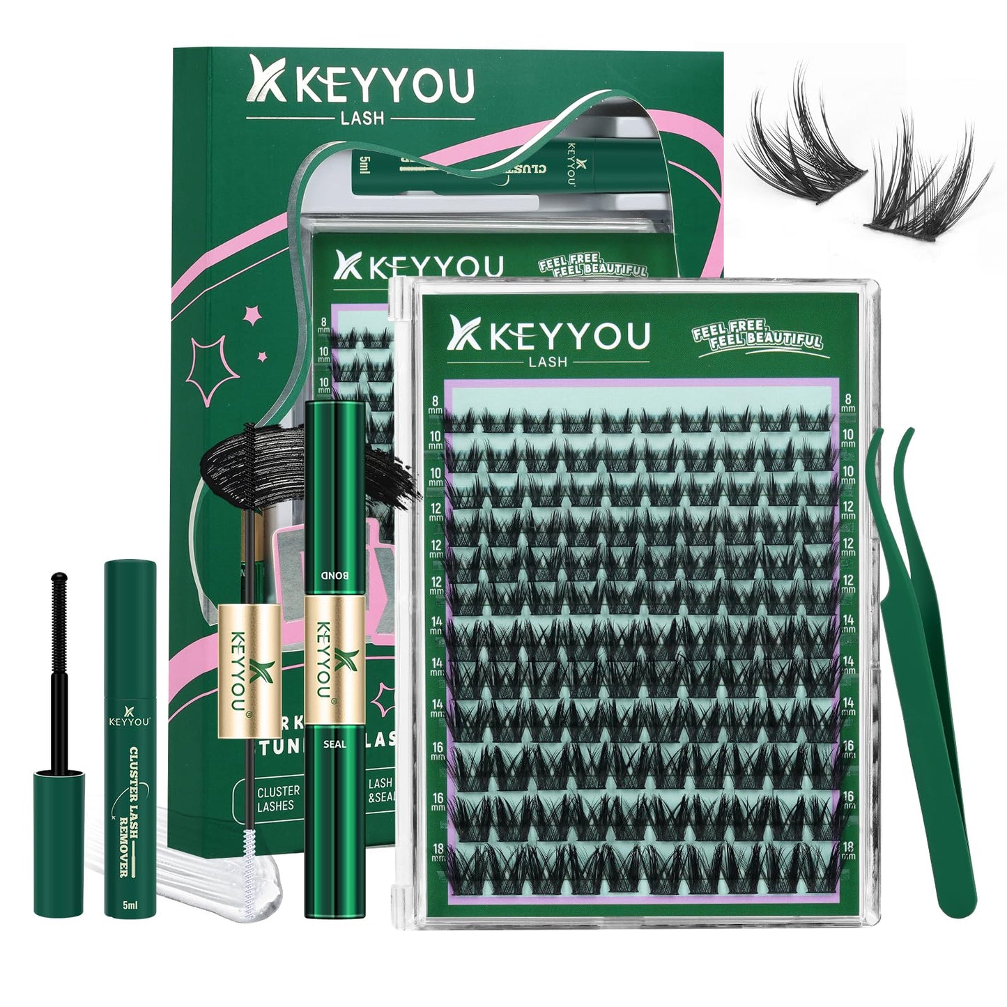 KEYYOU LASH Lash Clusters Kit Manga Lashes 8-18mm C Curl Wispy Lash Cluster Ultra-Thin Natural Lash Cluster with Spike Eyelash Extension Fairy False Eyelash with Remover Bond and Seal（F04 Kit）