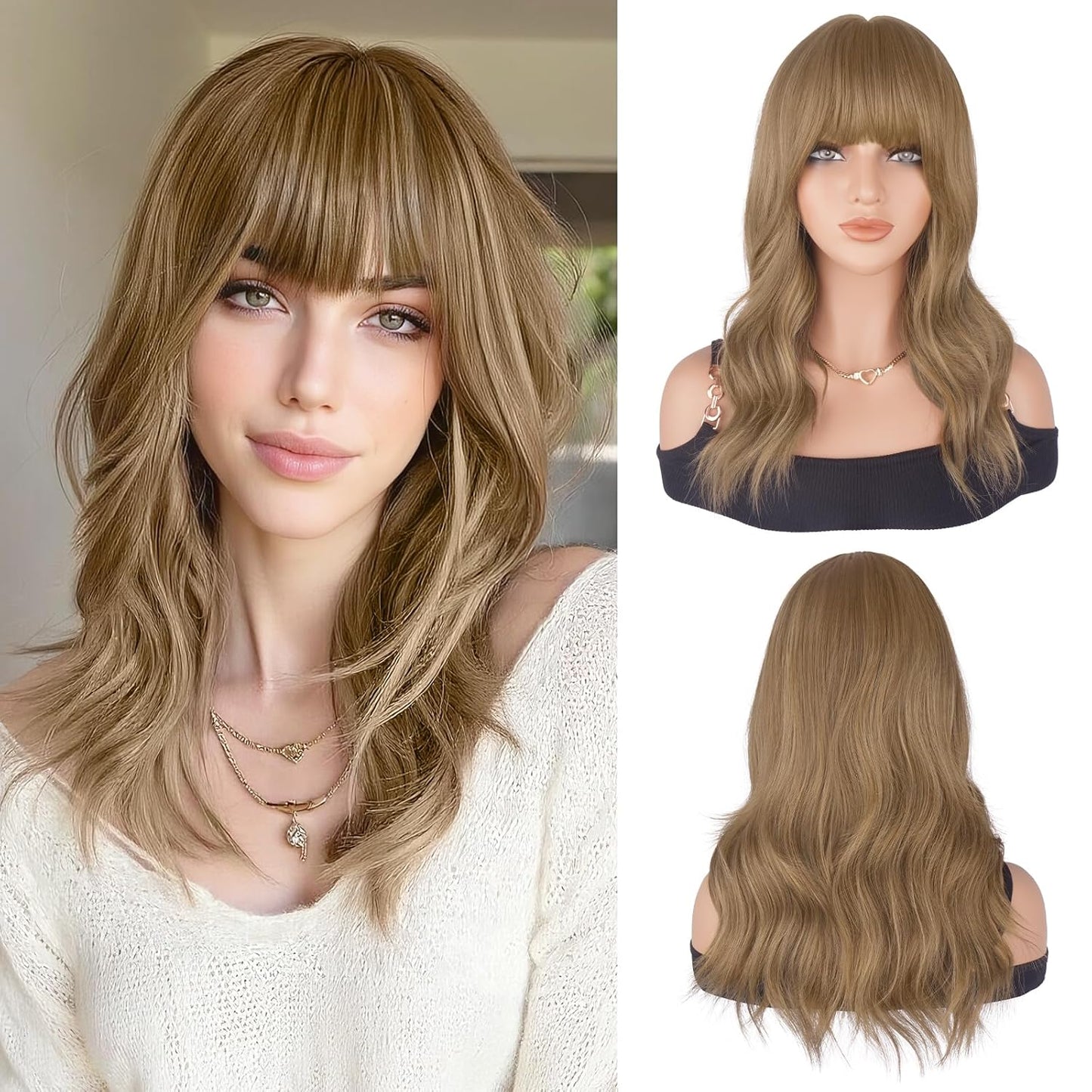 Brown Wigs with Bangs - 19-Inch Natural Wavy Synthetic Hair for Women | Light Brown Mixed Blonde