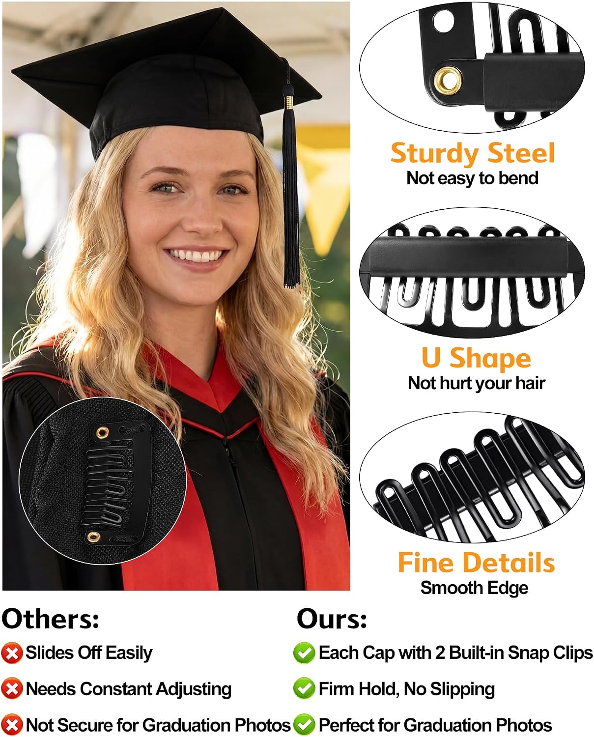 Black Graduation Caps for Long Hair - No Slip Design with Built-in Hair Secure Clips | 8 Pcs for 2026 Graduates