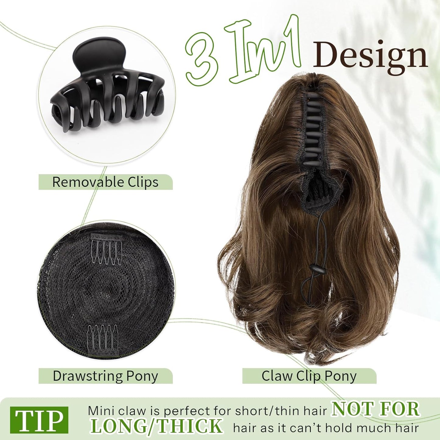Ponytail Extension - 10" Short Claw Clip-In Wavy Hairpiece for Women | Medium Brown, Synthetic