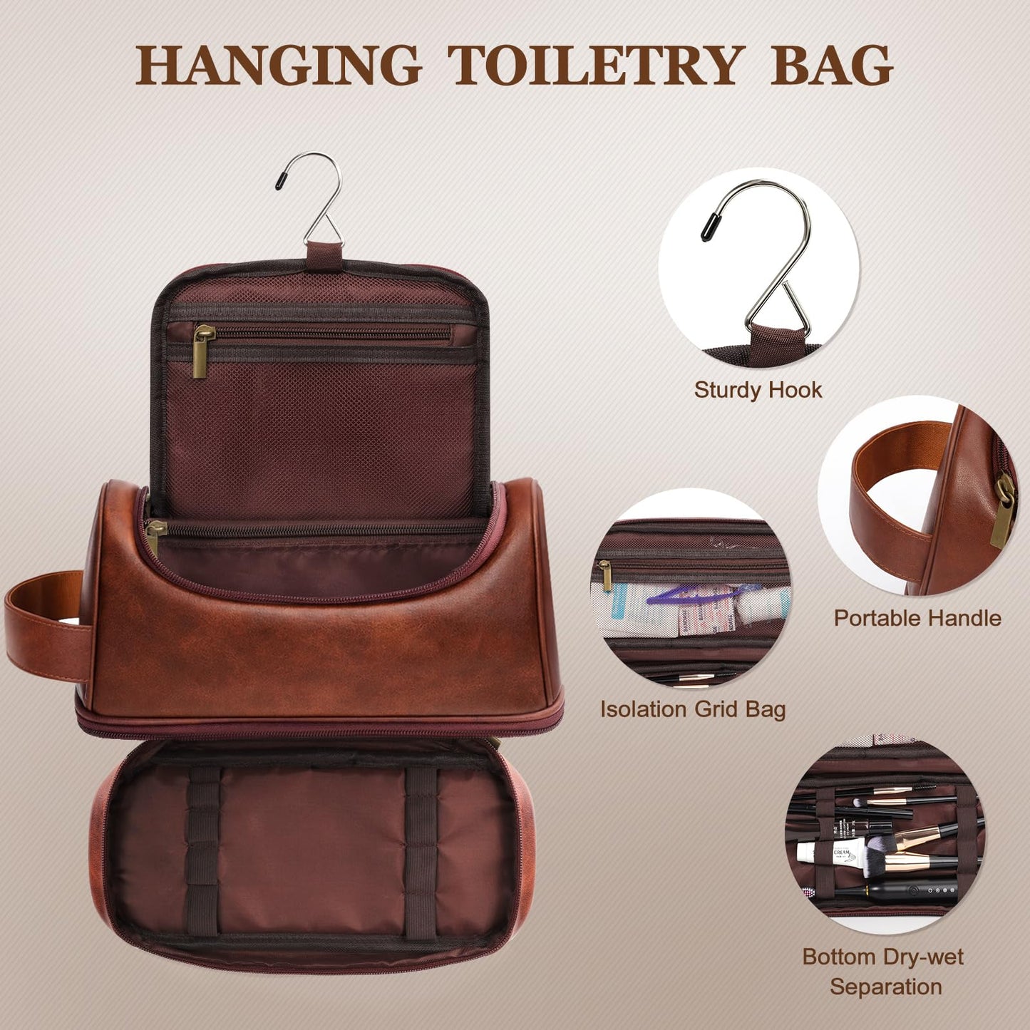Ecttunafe Customized Gifts Travel Leather Toiletry Bag for Mens, Engraved Name Initial PU Leather Waterproof Large Shaving Bag with Hooks, Unique Birthday Gifts for Him Men Dad Son Brother,W