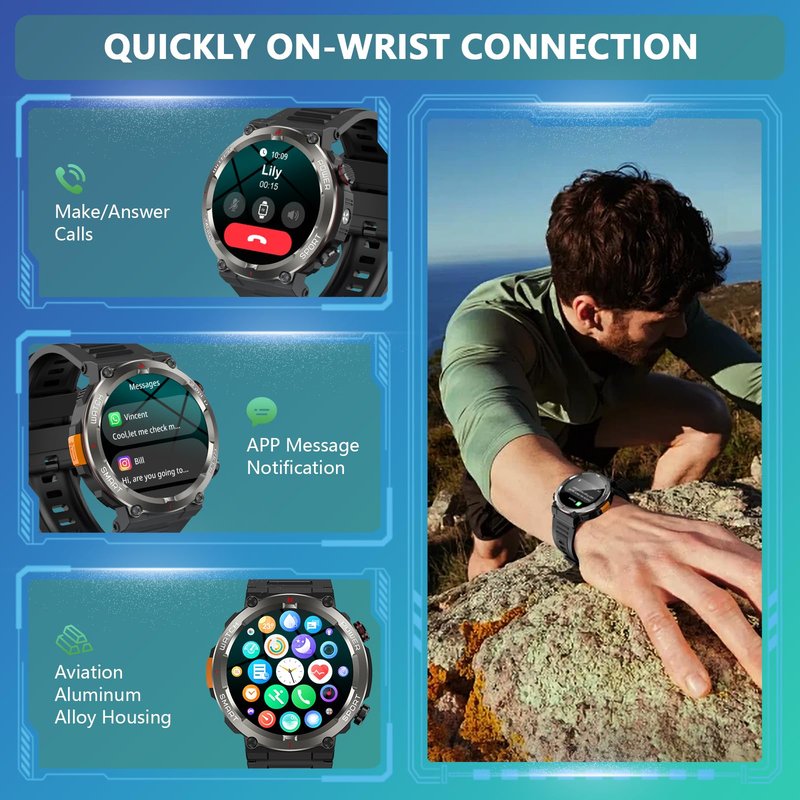 Military Smart Watch for Men, 100 Days Battery/Led Flashlight/Compass/2 Straps/IP68 Waterproof Smart Watches for Men, Tactical Smart Watch Outdoor, Answer/Make Calls Fitness Tracker for iPhone/Android