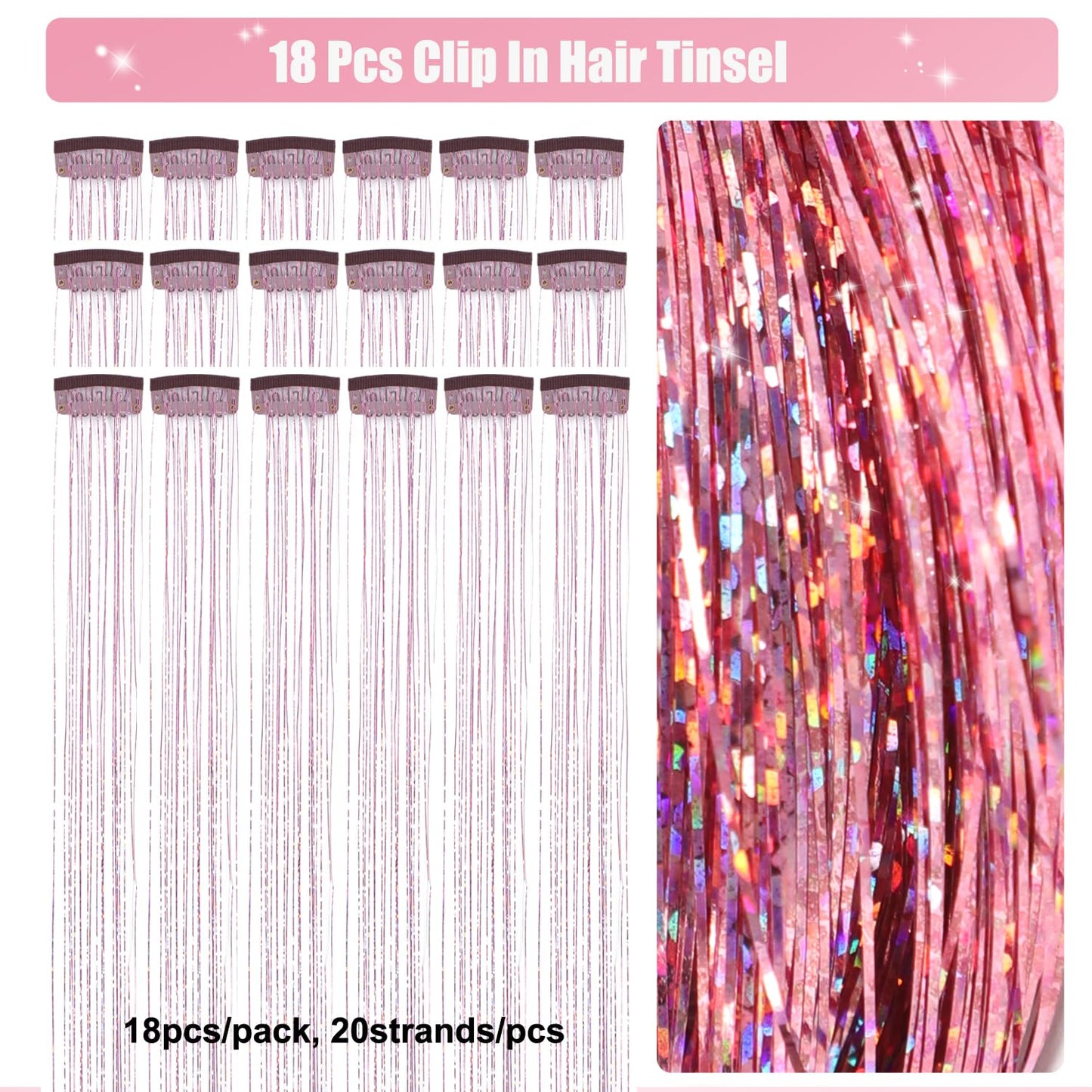 Aokomisu Hair Tinsel Clip in Pack of 18 Pcs 20 Inch Clip in Hair Tinsel Pink Glitter Tinsel Hair Extensions Fairy Hair Clips Party Dazzle Hair Accessories for Girls Kids Women (Pink-18 Pcs)