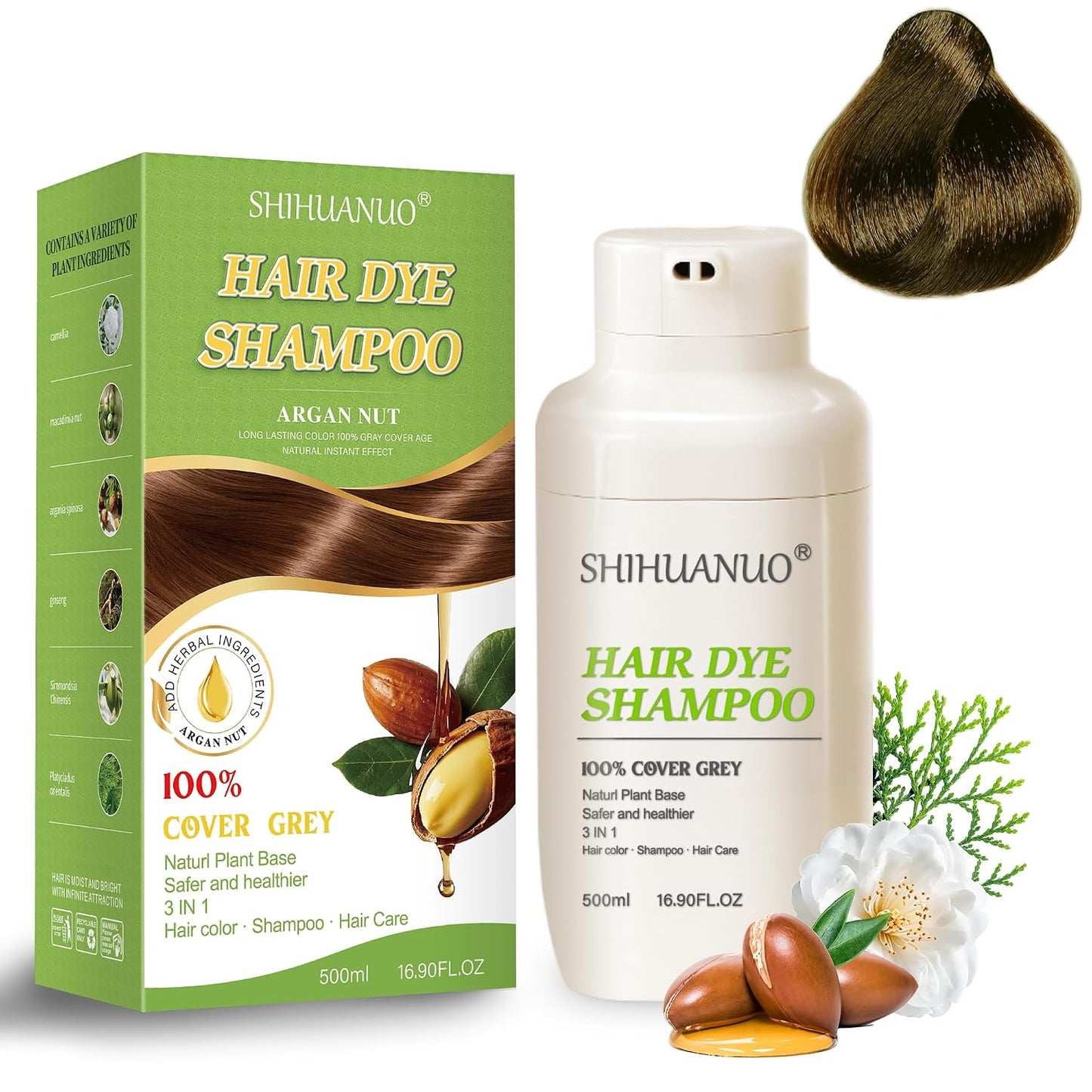 Hair Dye Shampoo for Gray Hair - 3-in-1 Color Treatment with Herbal Extracts | 500ml Dark Brown