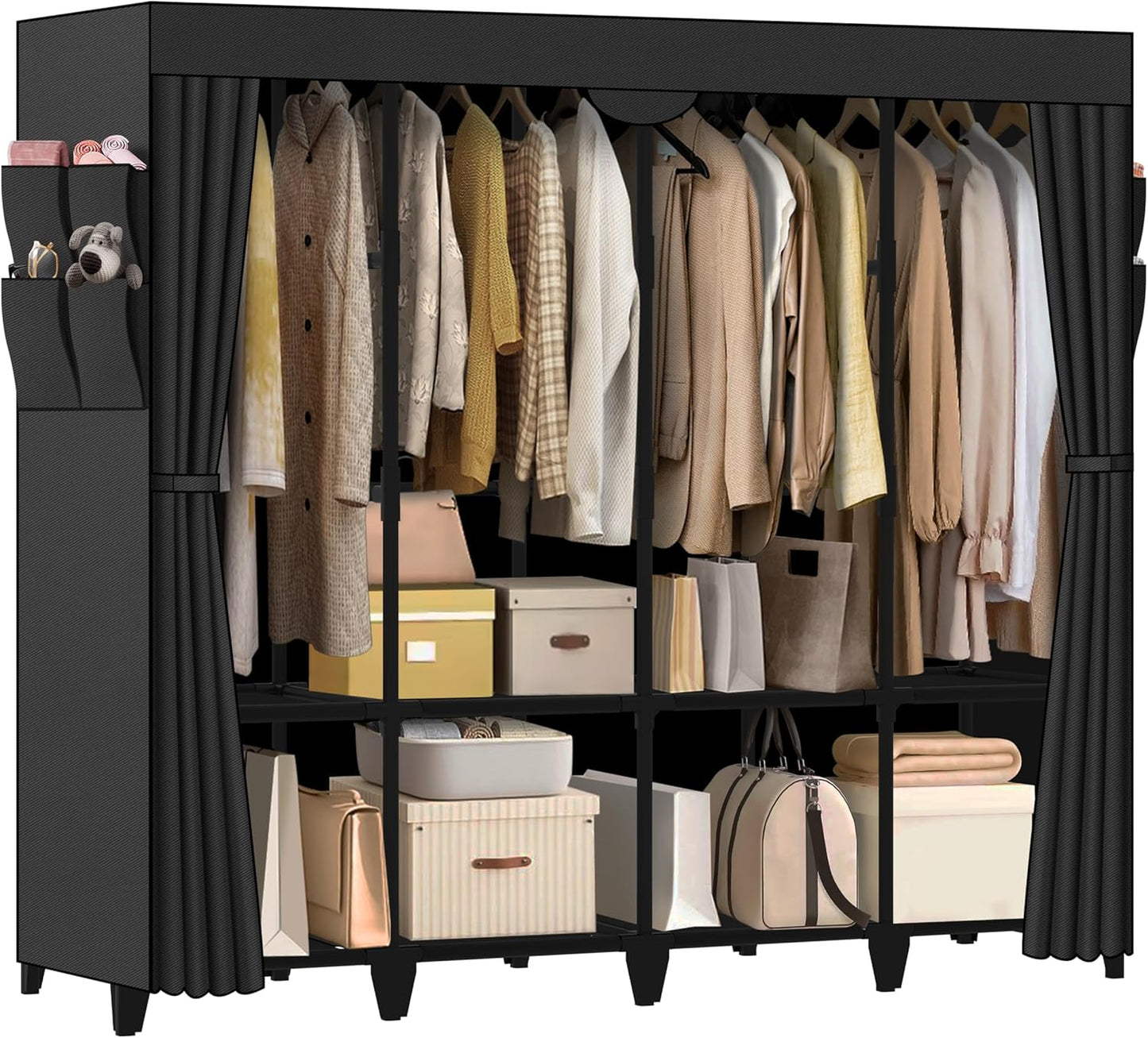 Portable Wardrobe Closet - Easy Assembly Black Clothes Rack with 2 Hanging Rods | 4 Shelves & 8 Pockets for Bedroom or Dorm