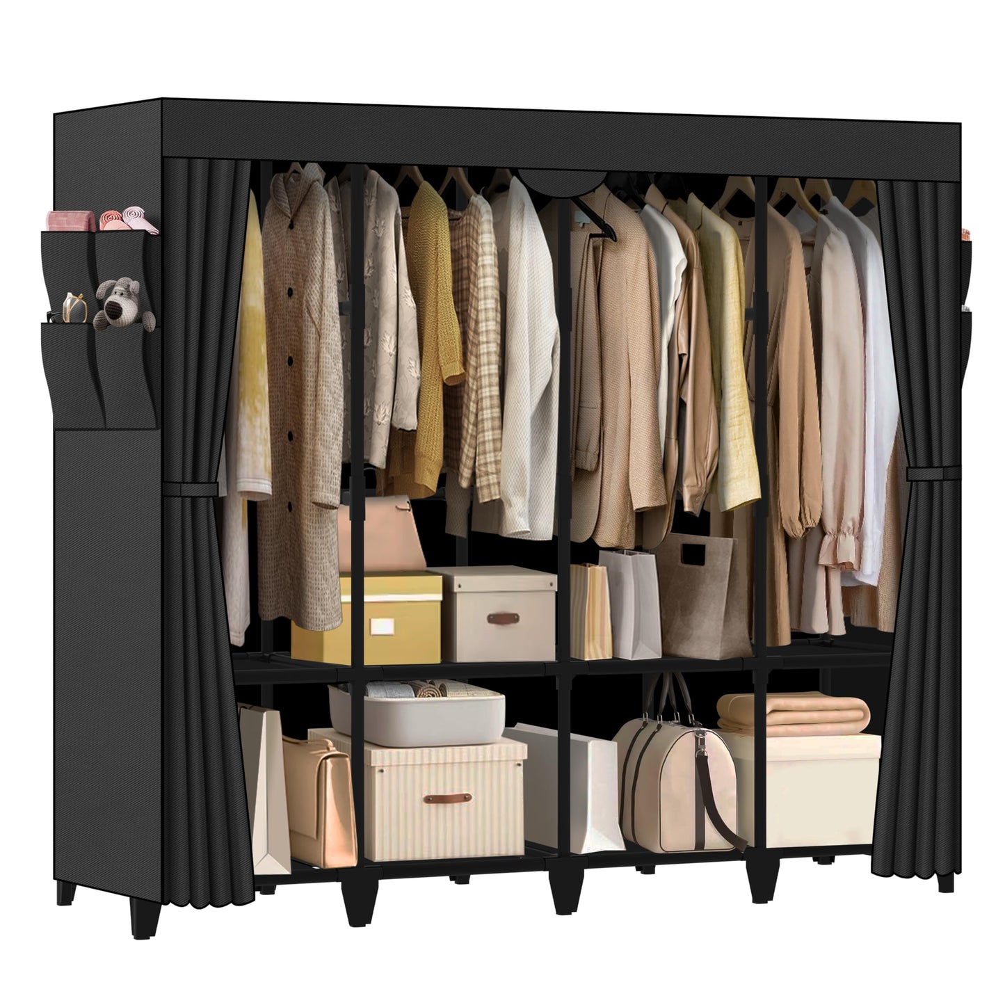Jofuler Wardrobe Closet, Quick and Easy Assembly, Black Large Capacity Portable Closet with 4 Hanging Rods 8 Storage Shelves and 8 Side Pockets, Clothes Rack with Cover, for Bedroom and Living Room