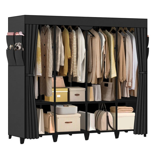 Jofuler Wardrobe Closet, Quick and Easy Assembly, Black Large Capacity Portable Closet with 4 Hanging Rods 8 Storage Shelves and 8 Side Pockets, Clothes Rack with Cover, for Bedroom and Living Room