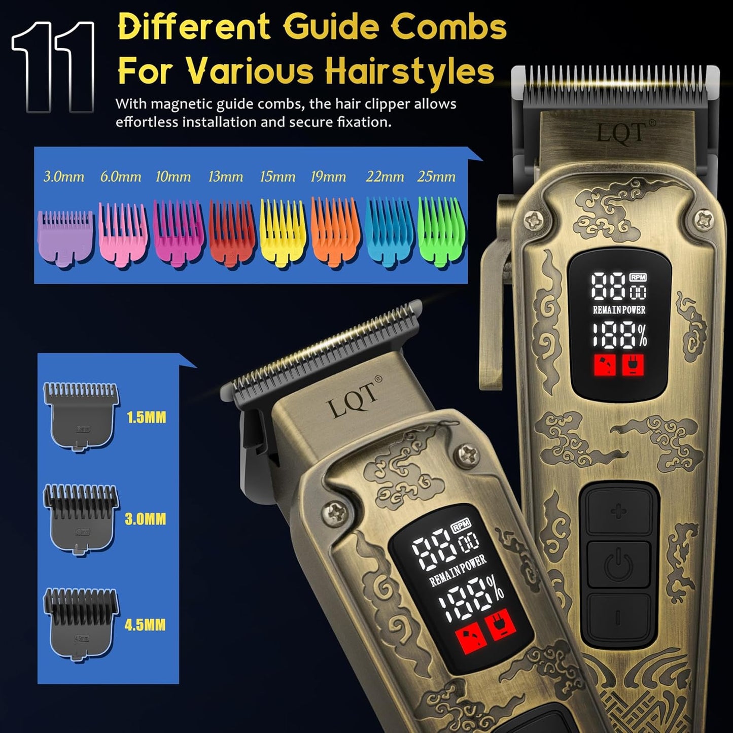 Professional Hair Clippers & Trimmers Set - Waterproof Cordless Electric Clipper with 3-Speed Beard Trimmer | Bronze Finish for Men & Barbers
