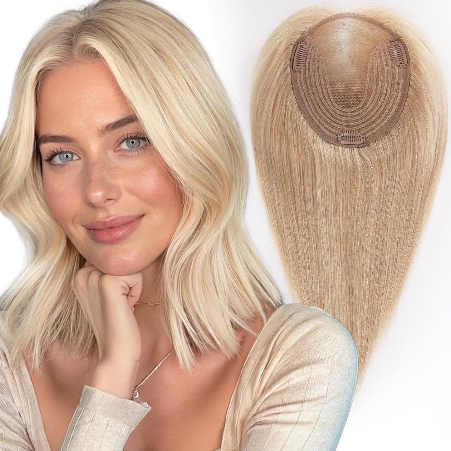 Real Human Hair Toppers for Women - 14 Inch Silk Base | Ash Blonde Mixed Brown with Bangs - 60g