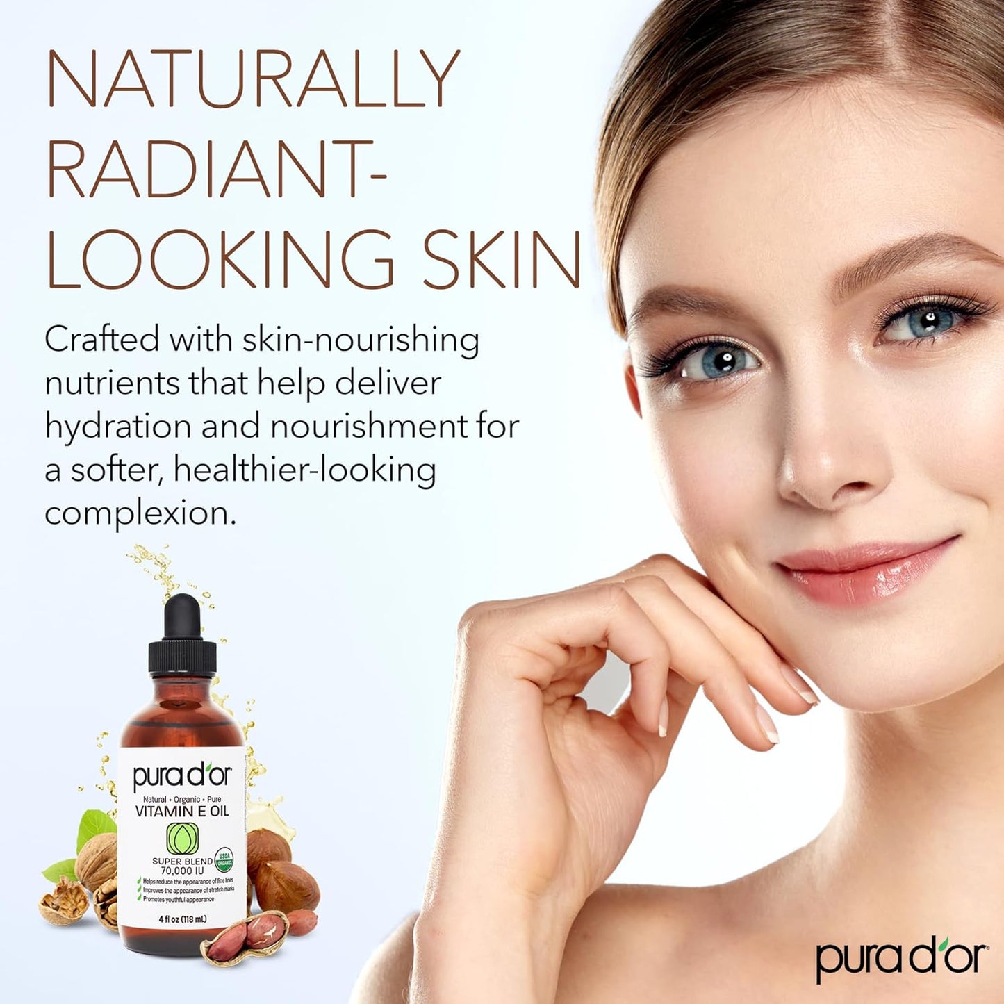 PURA D'OR Organic Vitamin E Oil - 70,000 IU Ayurvedic Skin Care | Lightweight Moisturizer for Face & Body