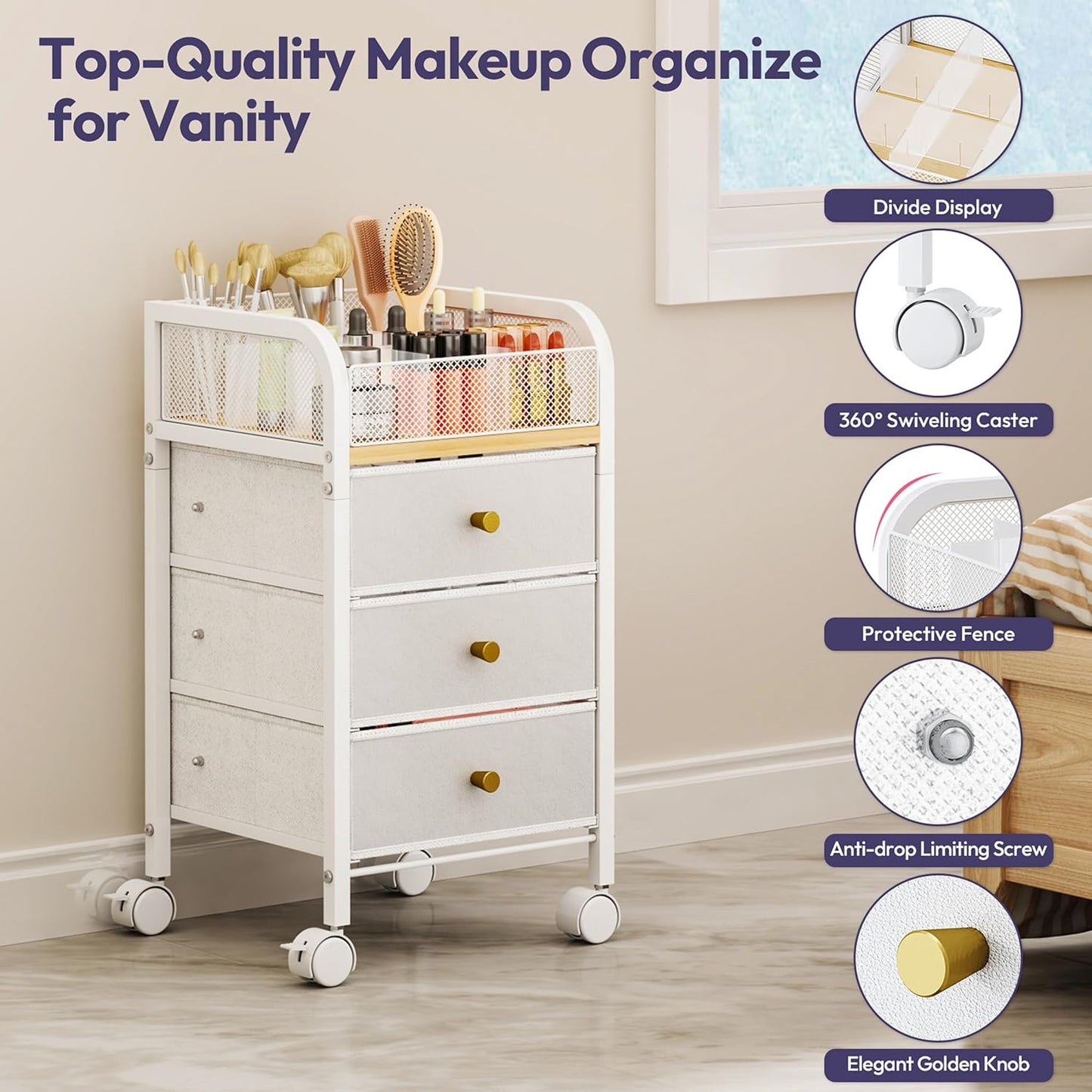 Rolling Makeup Organizer Cart - Under Desk Vanity Storage with 3 Drawers | Cosmetic Display & Nail Tool Cabinet
