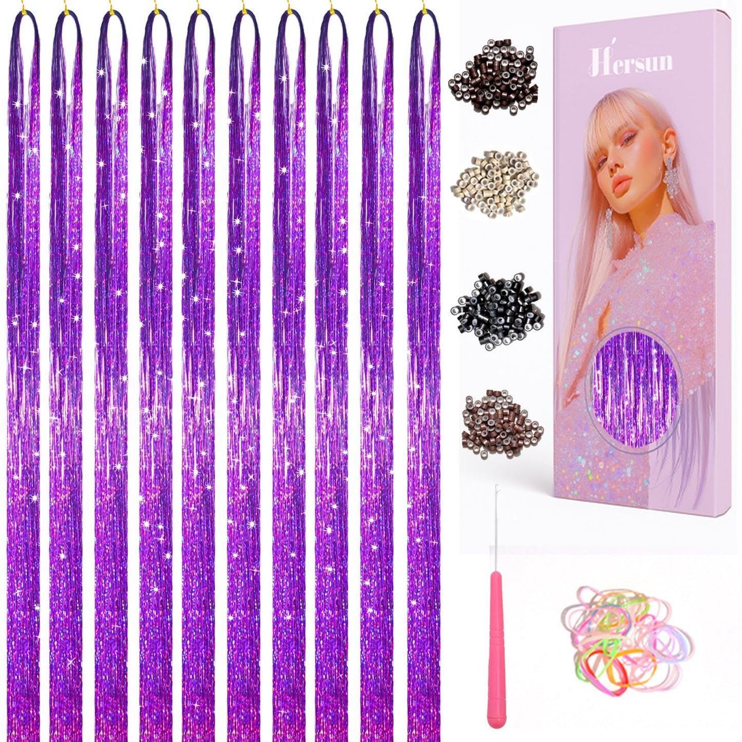 Hersun Hair Tinsel Kit - 10 Colors, 3200 Strands, 48in | Heat-Resistant Fairy Hair Extensions for Parties & Festivals