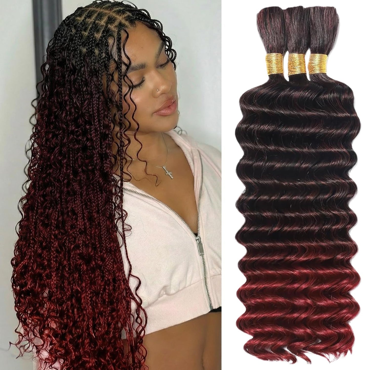 22 Inch Human Braiding Hair - Boho Deep Wave Bulk Brazilian Virgin Hair | 3 Bundles, 110g, Natural Color