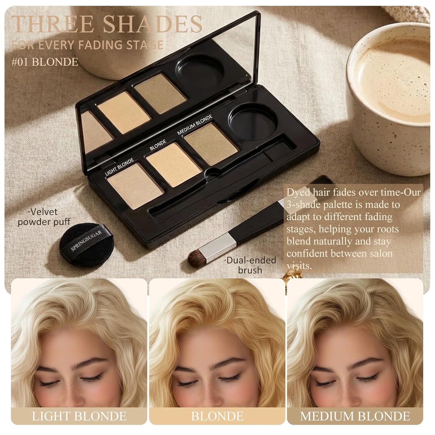 Root Touch Up Hair Color - Blendable Gray Coverage Powder for Thinning Edges | 48H Sweat Resistant, Natural Finish - Blonde