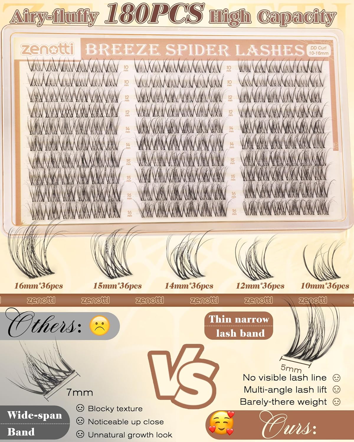 Natural Eyelash Clusters - Spider Breeze DD Curl 180PCS Wispy Extensions | Kim K Style with Invisible Band