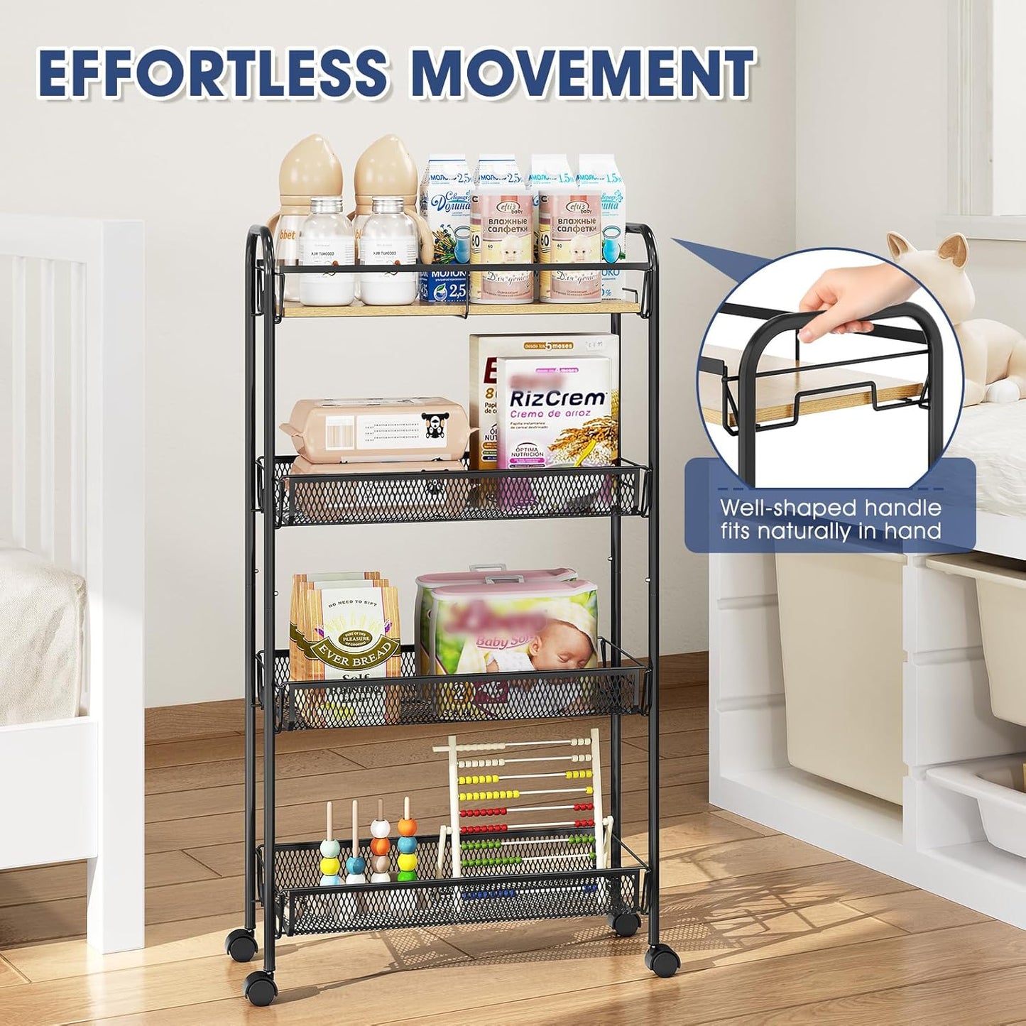 4-Tier Rolling Utility Cart - Metal Storage Trolley with Wooden Tabletop & Mesh Baskets | Easy Assembly for Kitchen, Bathroom, Laundry Room, Bedroom