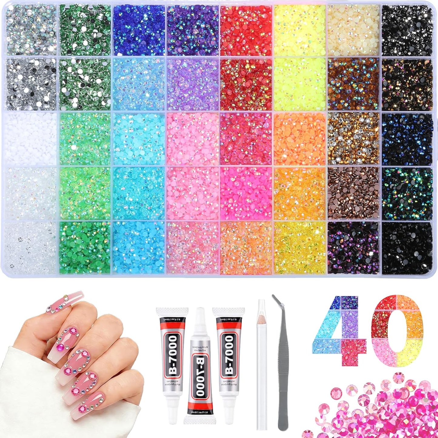 4mm Resin Rhinestones Kit - 40,000 Pcs for Nail Art & Crafts | Includes B7000 Glue, Tweezers & Pickup Pen