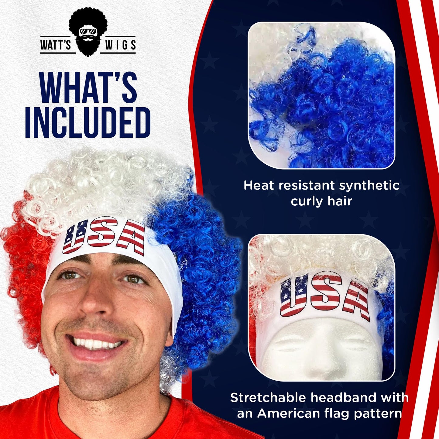 Watt's Wigs - USA Costume Wig - Curly Hair, Red, White, and Blue Olympics 4th of July America Headband - One Size Fits All (USA)