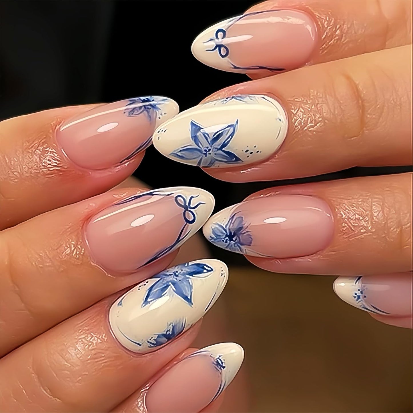 3D Handmade Press-On Nails - Summer Starfish Floral Design | Medium Almond Full Cover Ocean Theme