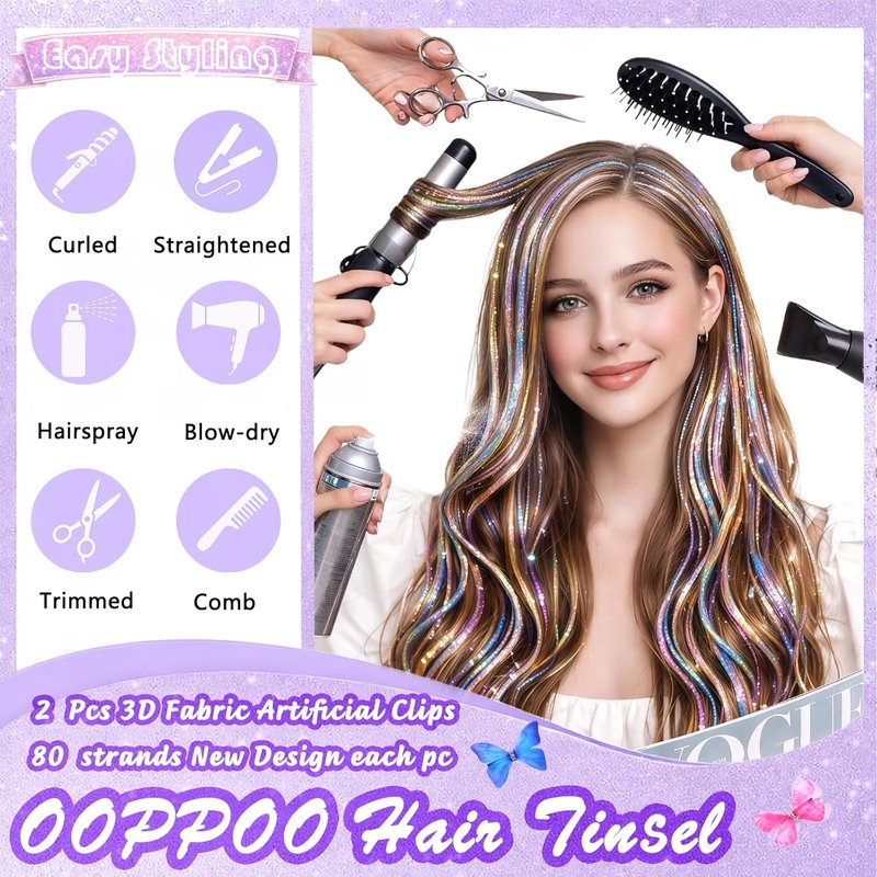 Clip In Hair Tinsel Kit - 26 Inch Colorful Glitter Extensions for Girls & Women | Heat Resistant Sparkly Hair Accessories (Rainbow & Gold)