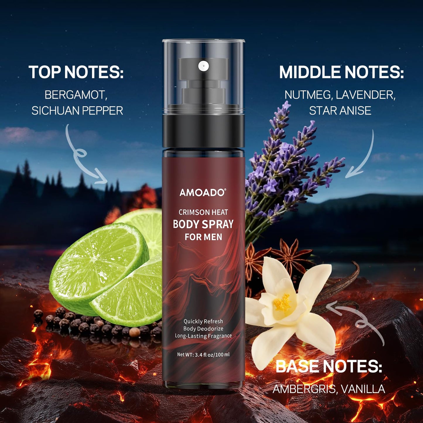 AMOADO Men’s Body Spray Set – Body Spray for Men,Deodorizing Body Mist Refreshing Spray, Aluminum-Free Cologne for Him, Oriental & Woody Scents,Each 3.4 fl oz