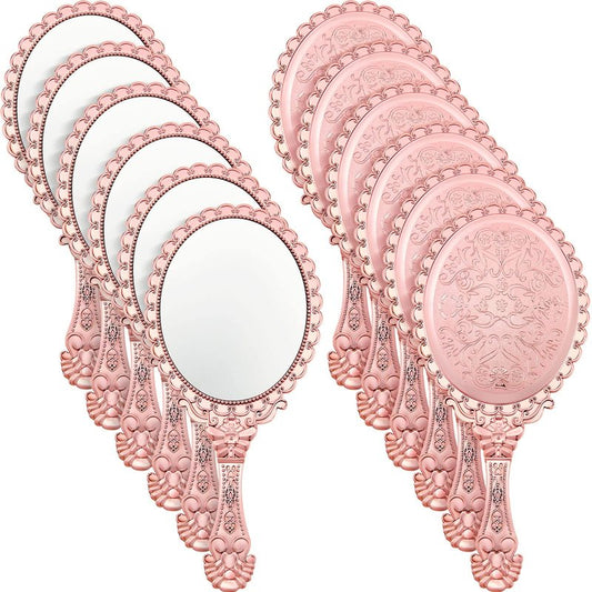 Qunclay 12 Pcs Vintage Rose Gold Handheld Mirrors, Baroque Embossed Compact Makeup Mirror with Handle for Pink Themed Princess Party Favors, Weddings, Bridal Showers, Birthday Gifts, Travel