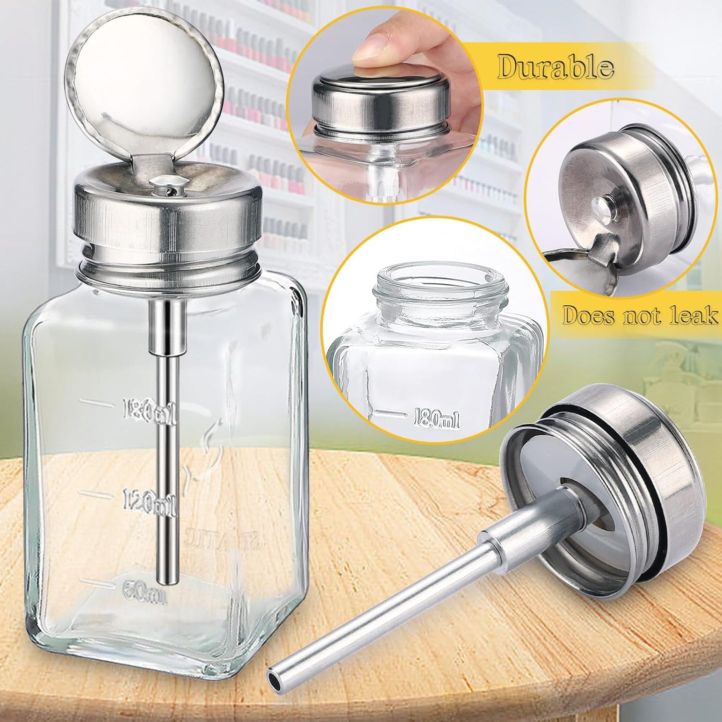 Noverlife Clear Glass Pump Dispenser Bottles - 2PCS 6Oz Nail Polish Remover Containers | Refillable Flip Top Cap