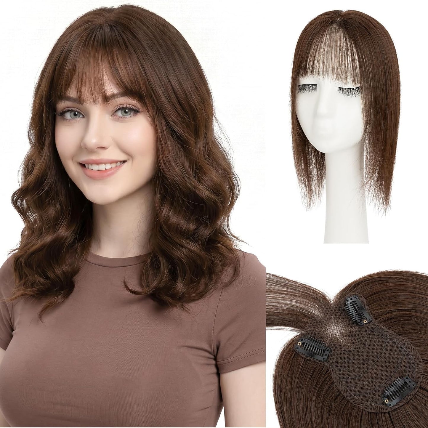 **Hair Toppers for Women - Real Human Hair with Curtain Bangs | 10-Inch Lace Base Clip-In Piece - #02 Dark Brown**
