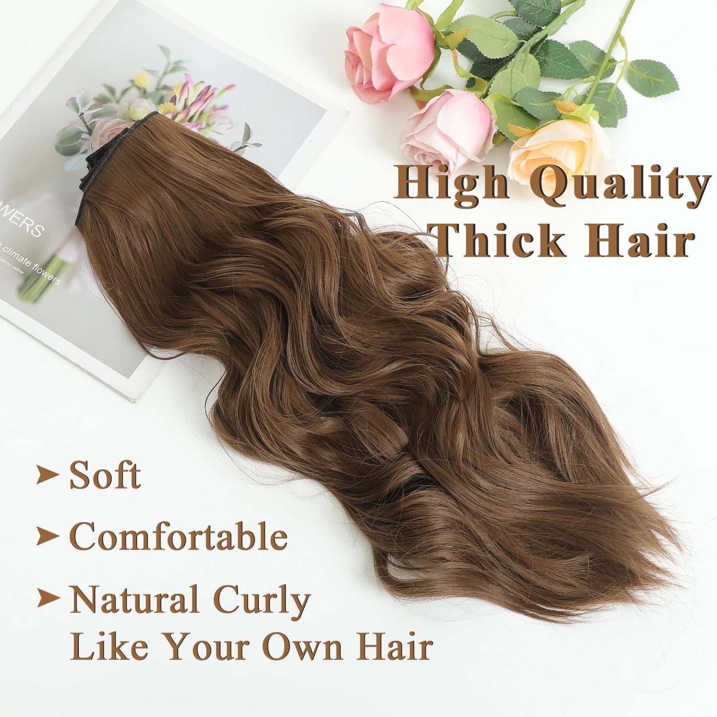 20” Brown Clip in Hair Extensions Long Wavy Synthetic Extensions for Women