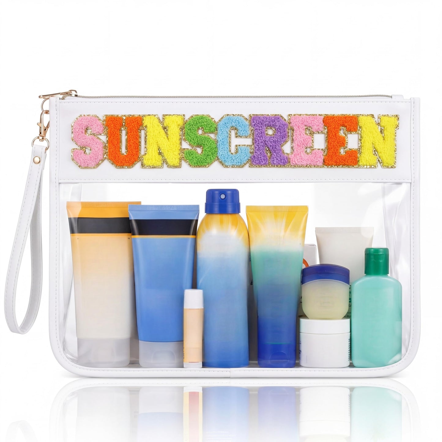 SilTriangle Large Sunscreen Bag, Waterproof PVC Chenille Letter Makeup Pouch Container Zipper Portable Organizer for Full Size Sun Protection Essentials, Summer Beach Travel Gift, 15.75 x 12.20 Inch