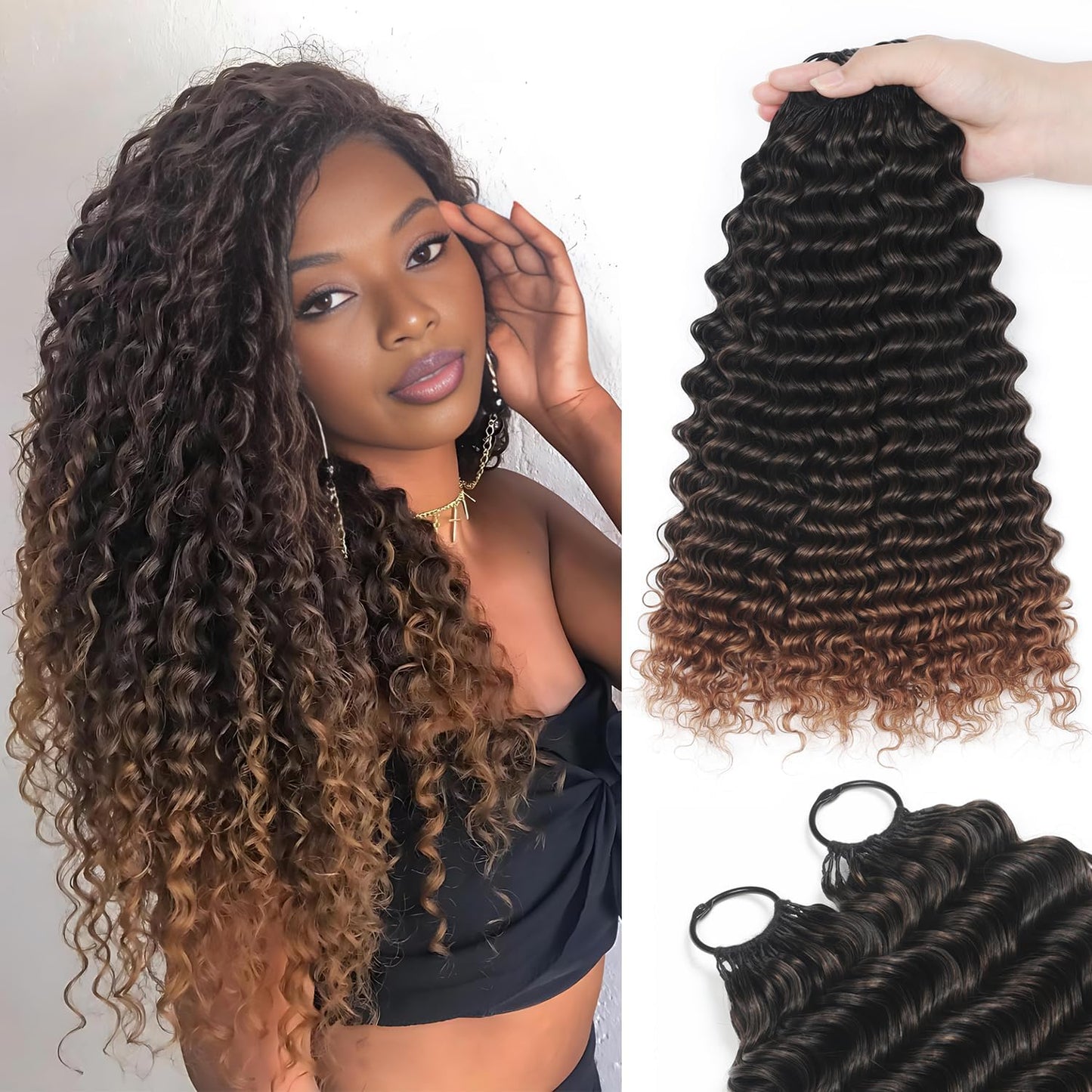 Human Crochet Hair - 18 Inch Deep Wave Bundles for Black Women | 50g Pre-Separated Extensions, Natural Black