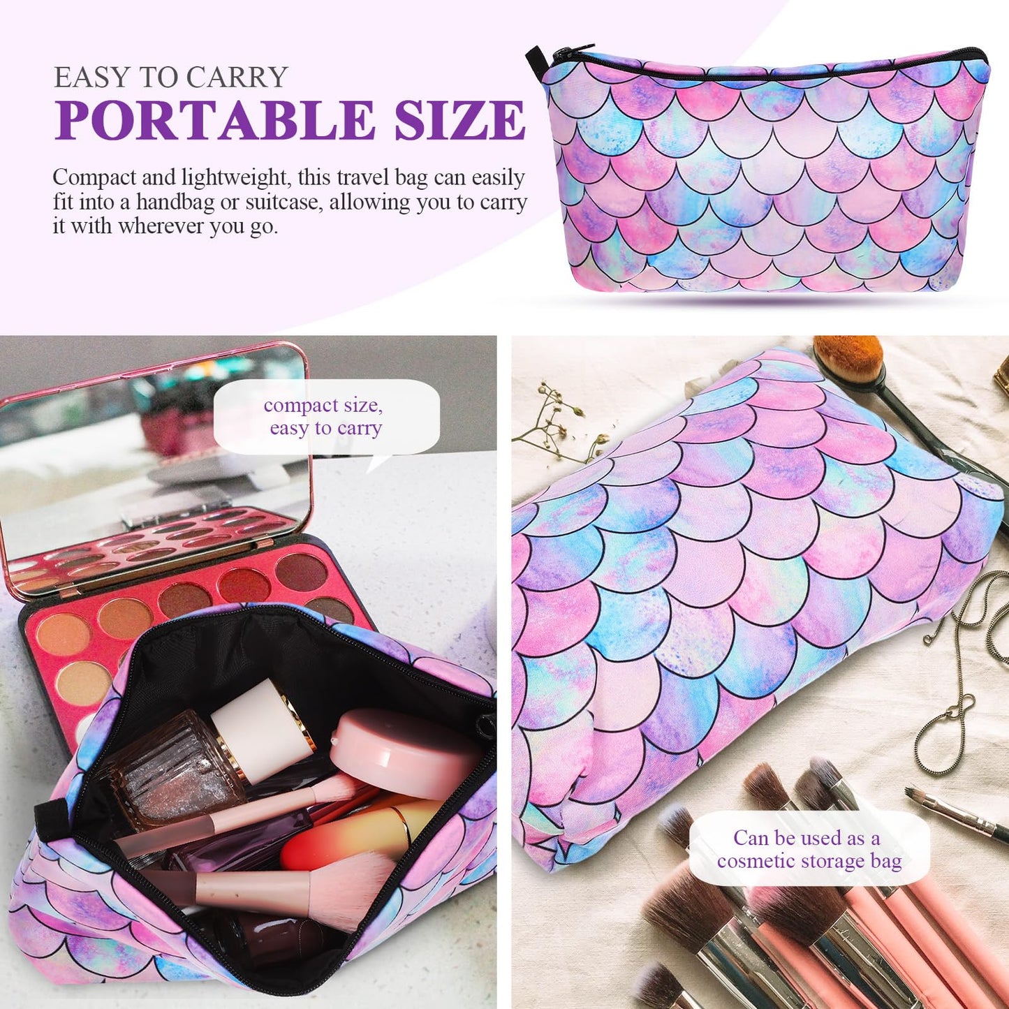 Mermaid Makeup Bag Travel Cosmetic Bag Zipper Pouch Women Cosmetic Organizer for Brushes Toiletry Makeup Pouch Storage Lightweight Wrist Strap 9.05 X 5.51 X 0.19 in