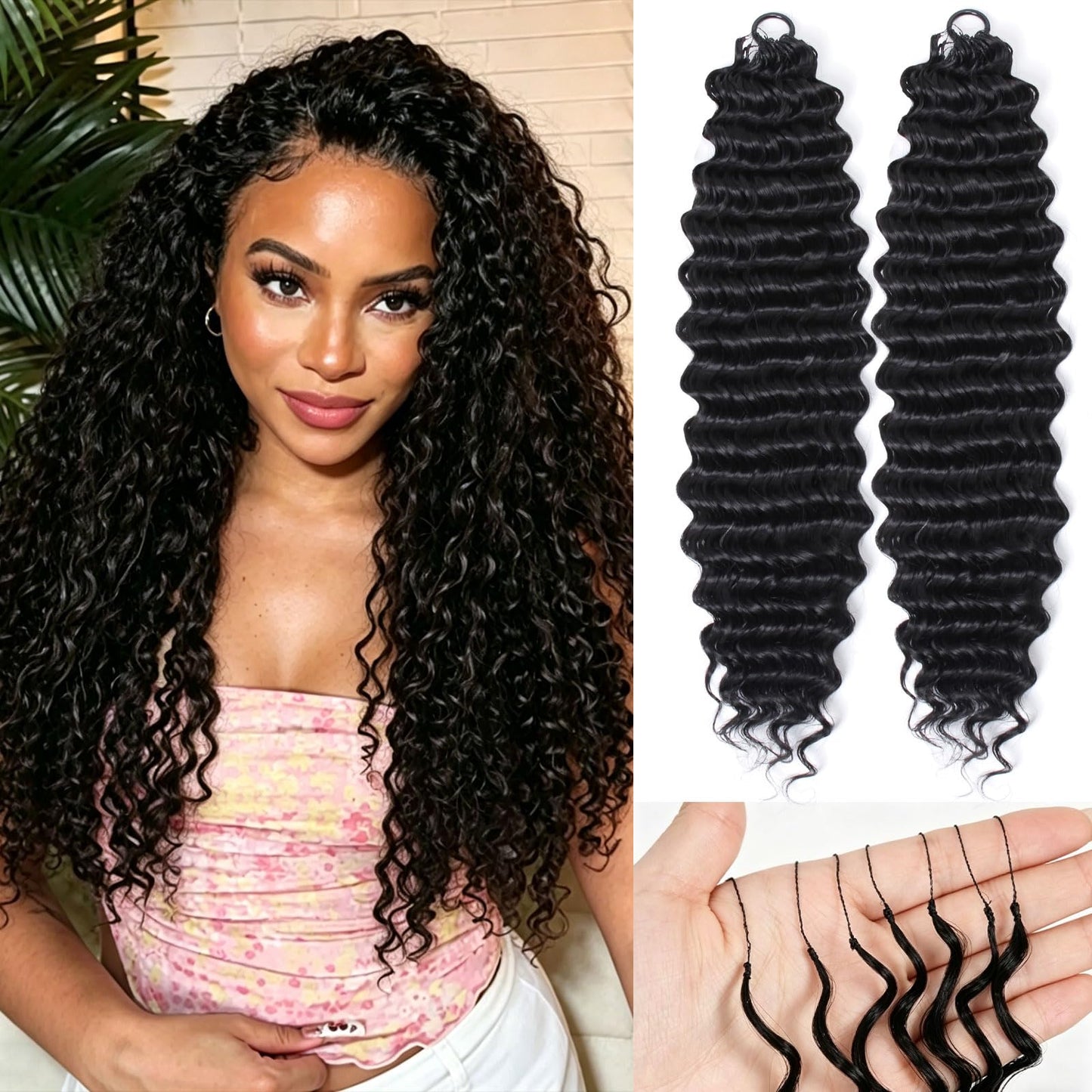 Pouweney Deep Wave Feather Crochet Hair 18 Inch 100 Strands Miracle Knots Hair Invisible Feathered Curly Crochet Hair for Women(18 inch 1b)