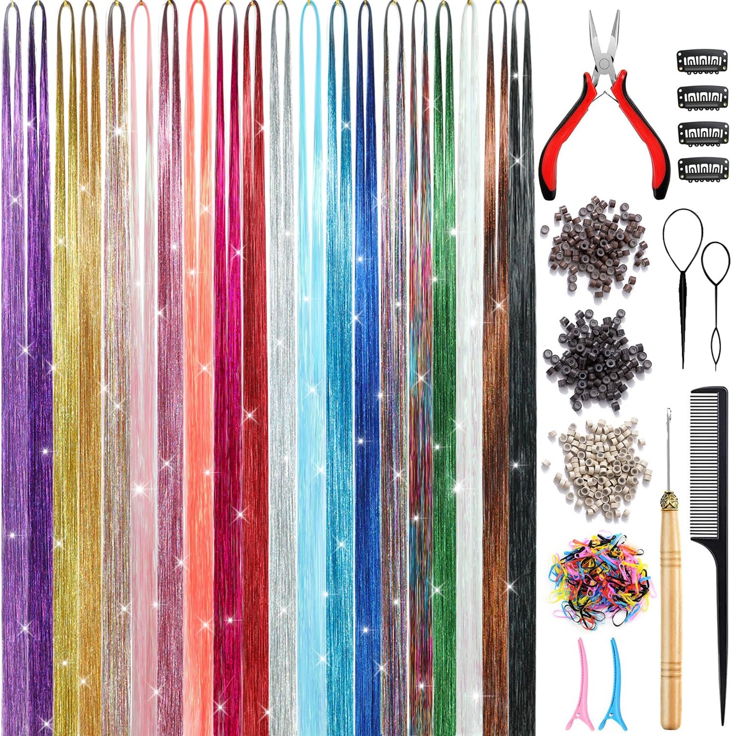 AIAIZHQH Hair Tinsel Kit (20 Colors, 8800 Strands, 48 Inches) Sparking Tinsel Hair Extensions Kit with Tools, Heat Resistant Highlights Glitter Hair Extensions Fairy Hair Accessories for Girls Women