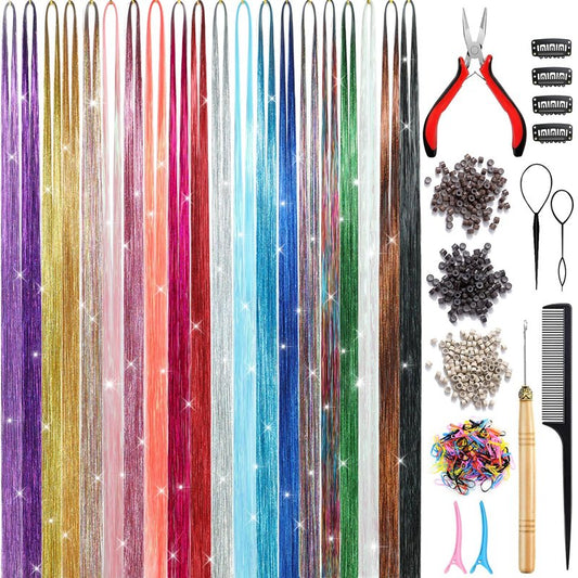 AIAIZHQH Hair Tinsel Kit (20 Colors, 8800 Strands, 48 Inches) Sparking Tinsel Hair Extensions Kit with Tools, Heat Resistant Highlights Glitter Hair Extensions Fairy Hair Accessories for Girls Women