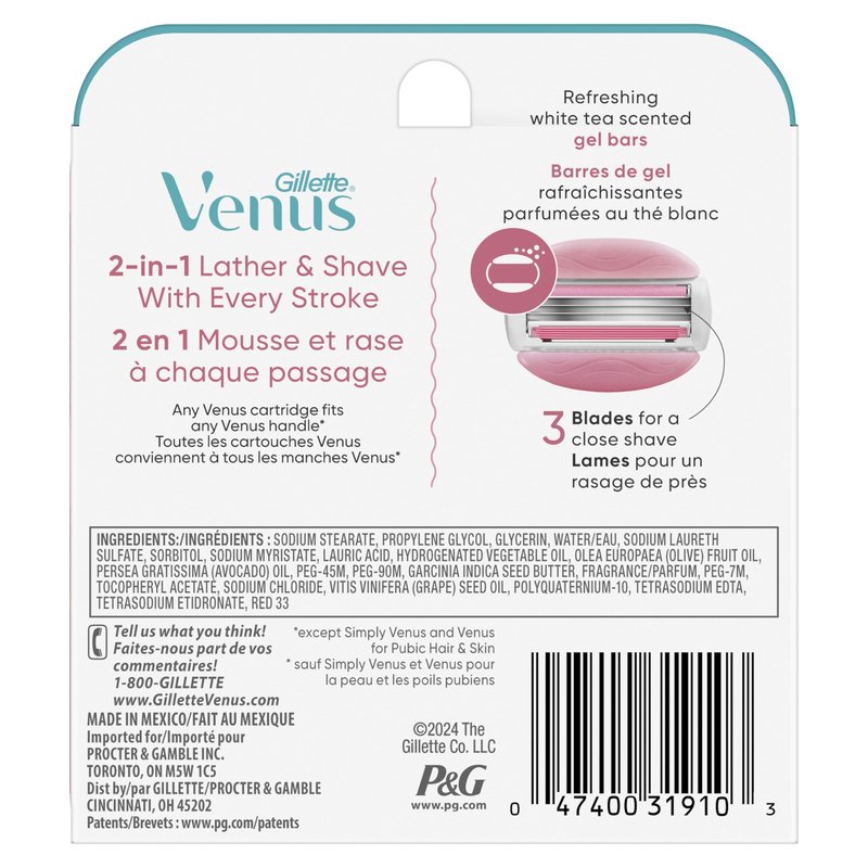Gillette Venus ComfortGlide White Tea Women's Razor Blades, 3-Blade Razor Refills, 6 Count