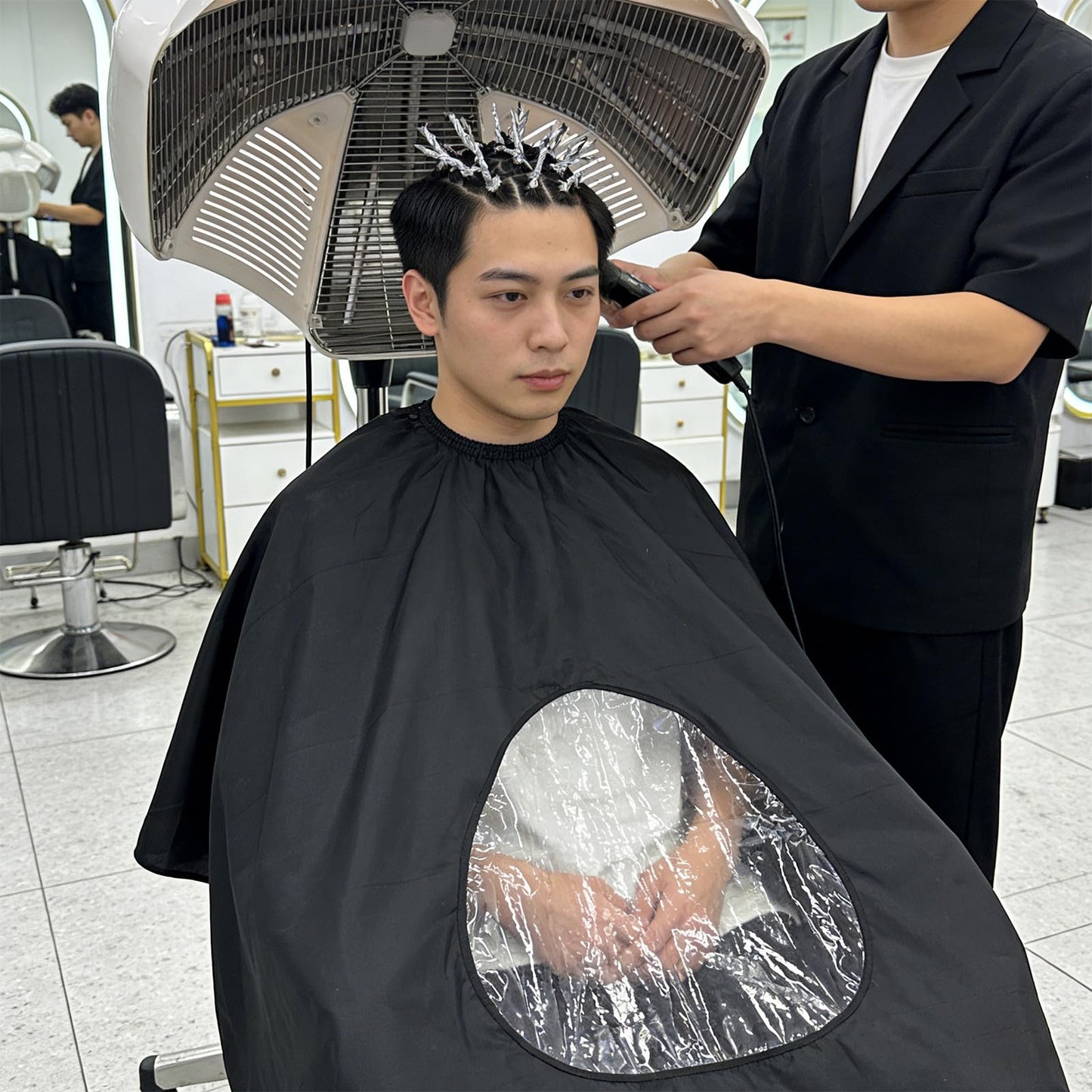 TOVINANNA Professional Barber Cape with Clear Viewing Window - Large Hair Cutting Capes for Men Adult Salon - Waterproof Hairdresser Smock for Styling, Coloring, Home Haircut Accessories, Black