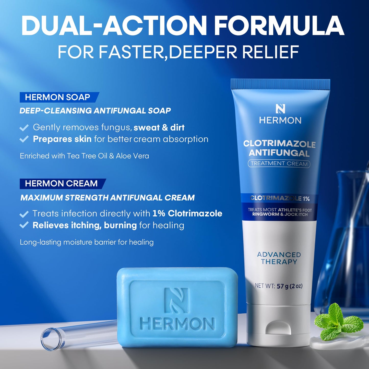 Hermon Clotrimazole Antifungal Treatment Cream & Soap Kit: Antifungal Cream for Athletes Foot, Jock Itch, Ringworm with Anti Fungal Soap - Relieves Itching Burning Cracking - 57g Tube / 113g Bar